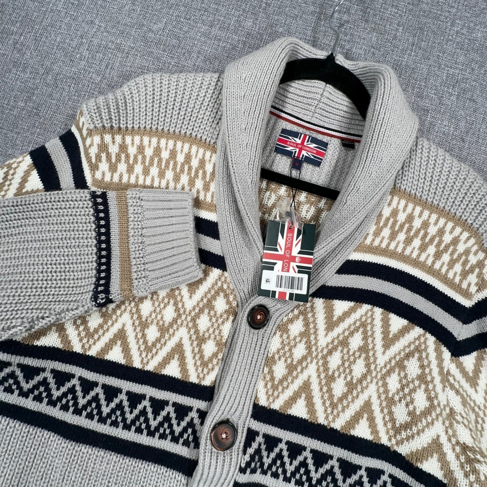 Soul of London Cardigan Sweater Men Medium Fair Isle Shawl Collar Wool Blend NEW